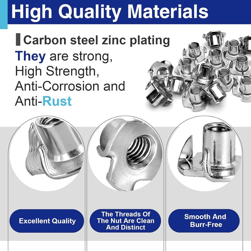 Usdrwam 26 Pack 1/4"-20 T Nuts for Wood, Zinc-Plated Carbon Steel 4-Prong Tee Nuts for Furniture, Cabinets, and Rock Climbing Holds - Image 4